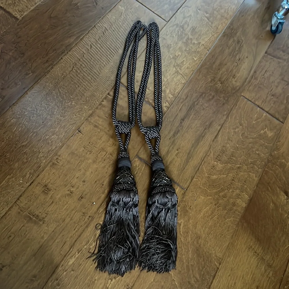 Set of 2 brown curtain tie tassels with copper beads detail approx 24” like new